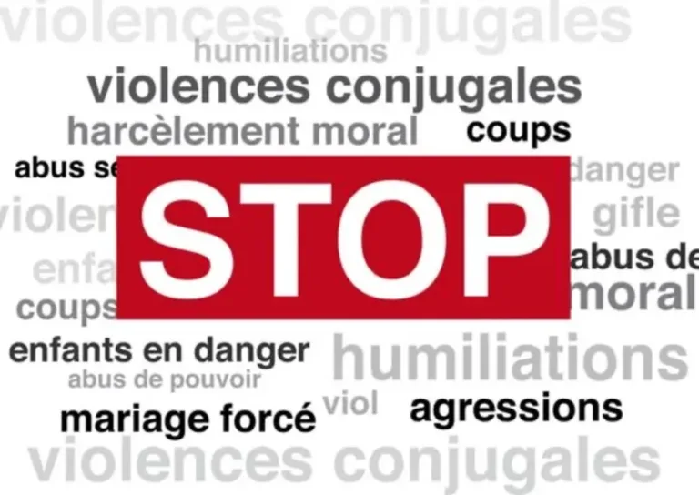 Image de sensibilisation pour le droit pénal et le droit de la famille, représentant le mot "STOP" et des mots-clés comme "violences conjugales", "harcèlement moral", "agressions" et "mariage forcé" pour l'aide aux victimes.