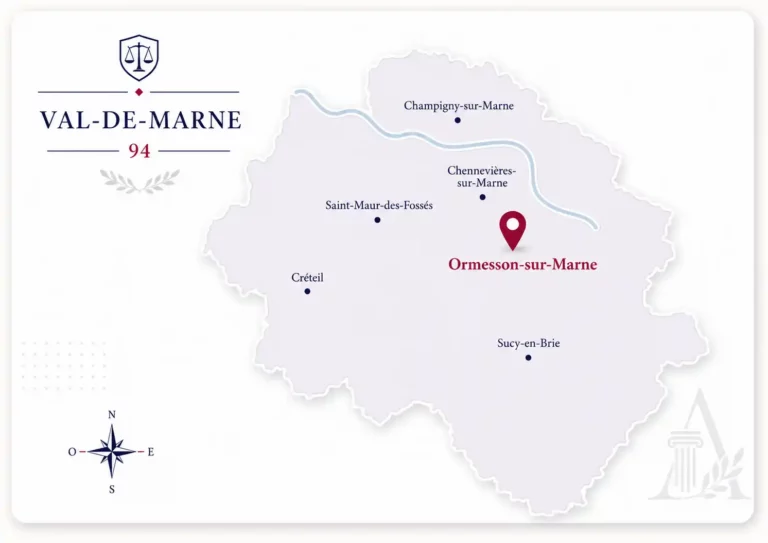 Carte stylisée du Val-de-Marne avec un repère localisant le cabinet de Maître Aïssèm Diawara à Ormesson-sur-Marne