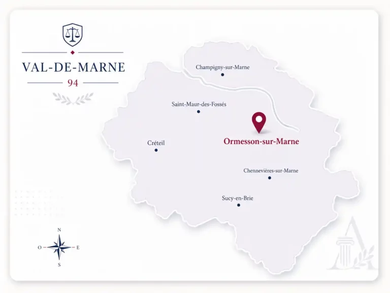 Carte stylisée du Val-de-Marne avec un repère localisant le cabinet de Maître Aïssèm Diawara à Ormesson-sur-Marne