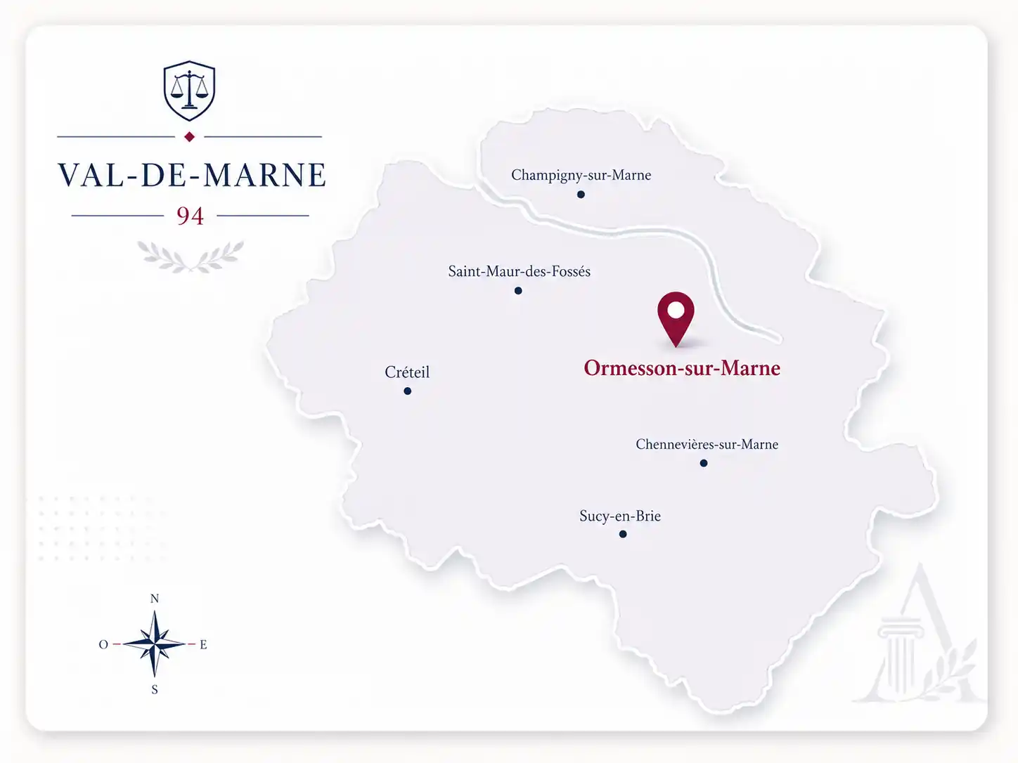 Carte stylisée du Val-de-Marne avec un repère localisant le cabinet de Maître Aïssèm Diawara à Ormesson-sur-Marne